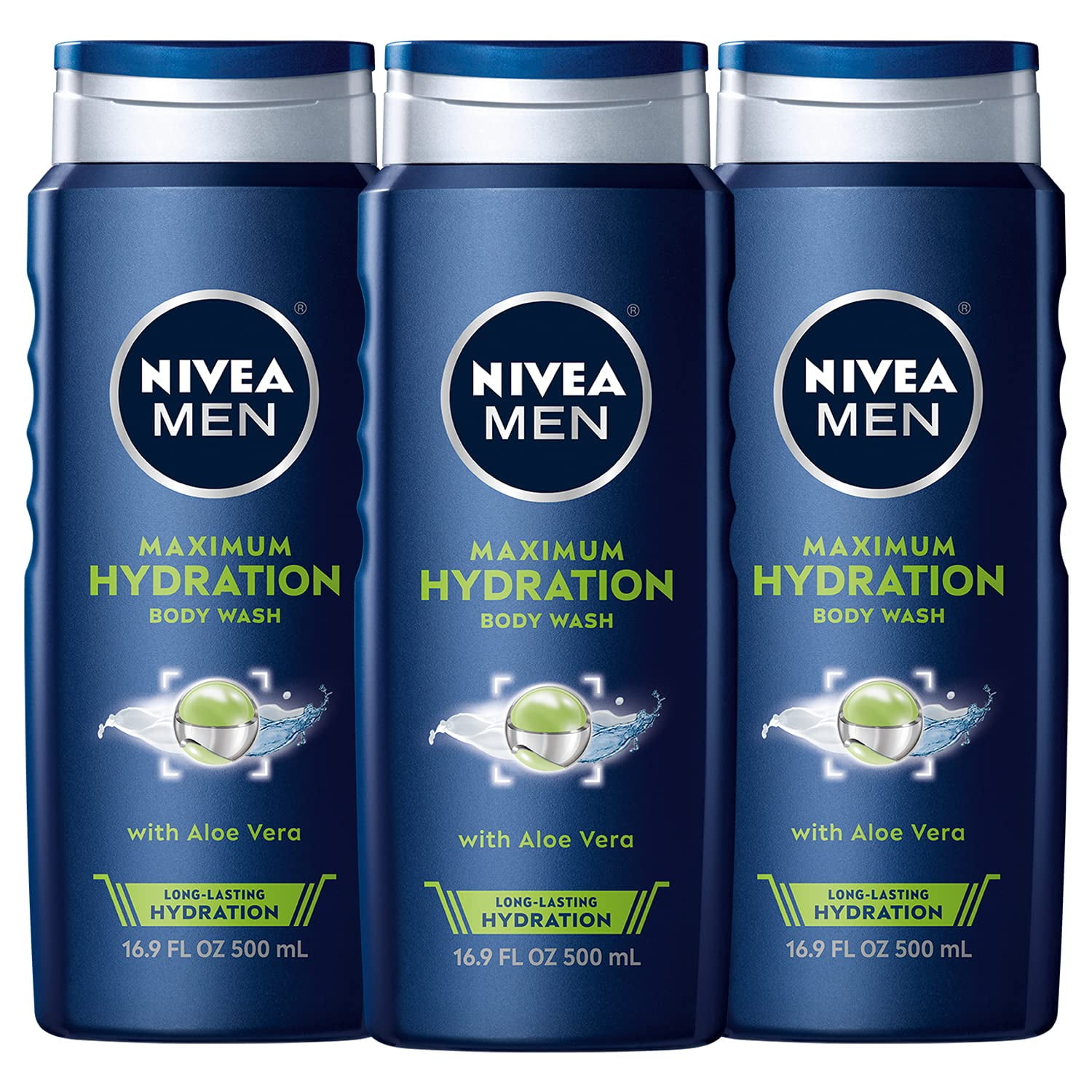 NIVEA MEN Maximum Hydration Body Wash, Aloe Vera Body Wash for Dry Skin, 3 Pack of 16.9 Fl Oz Bottles