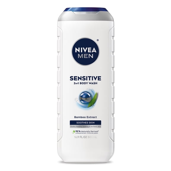 NIVEA MEN Sensitive Skin 3-in-1 Body Wash for Men, Bamboo Extract, Lightly Scented, 16.9 fl oz