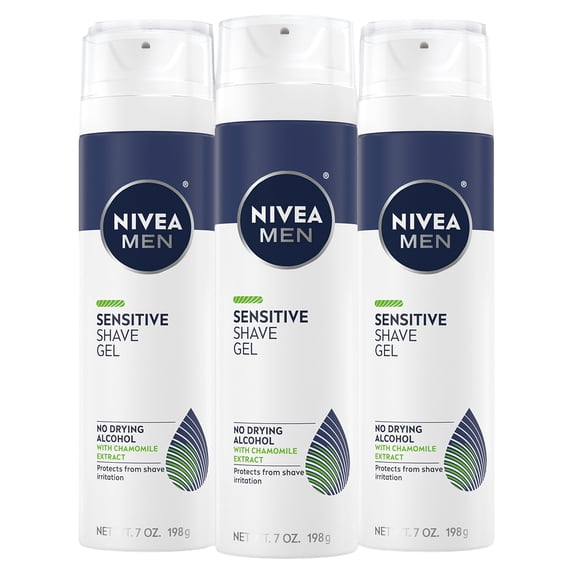NIVEA MEN Sensitive Shave Gel with Vitamin E, Soothing Chamomile and Witch Hazel Extracts, No Drying Alcohols, 3 Pack of 7 Oz Cans