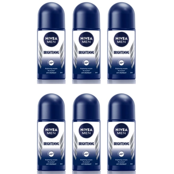 NIVEA Men Brightening Roll-On Deodorant 50ml | 72H Sweat & Odor Protection | Vitamin C & Licorice Extract | Alcohol-Free | Skin Brightening Underarm Care | Long-Lasting Freshness, Pack of 6