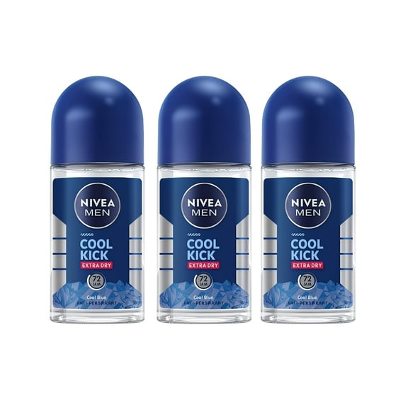 NIVEA Men Cool Kick Anti-Perspirant Roll-On Deodorant 50ml 72 Hour Sweat & Odor Protection, Refreshing Cool Formula with Masculine Scent, Skin Comfort, Quick Dry, Long-Lasting Freshness, 3 Pack