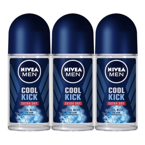 NIVEA Men Cool Kick Anti-Perspirant Roll-On Deodorant 50ml – 72 Hour Sweat & Odor Protection, Refreshing Cool Formula with Masculine Scent, Skin Comfort, Quick Dry, Long-Lasting Freshness, 3 Pack