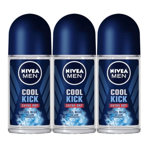 NIVEA Men Cool Kick Anti-Perspirant Roll-On Deodorant 50ml 72 Hour Sweat & Odor Protection, Refreshing Cool Formula with Masculine Scent, Skin Comfort, Quick Dry, Long-Lasting Freshness, 3 Pack