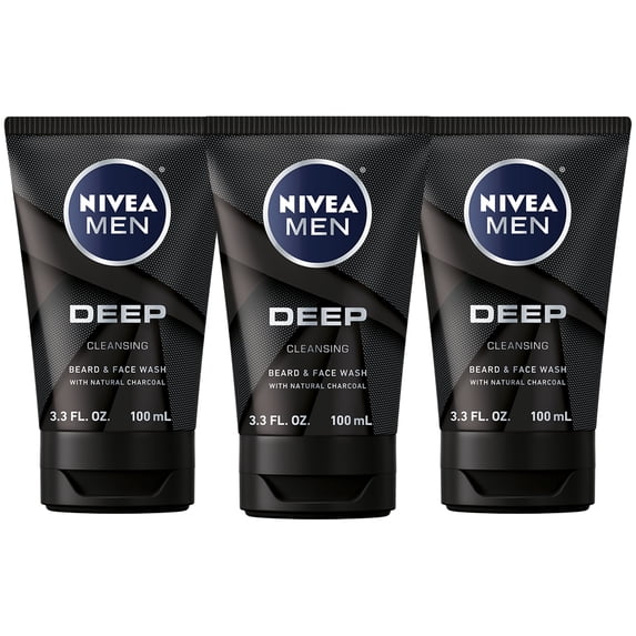 NIVEA Men DEEP Cleansing Beard & Face Wash - With Natural Charcoal to Deeply Clean - 3.3 fl. oz. Tube (Pack of 3)