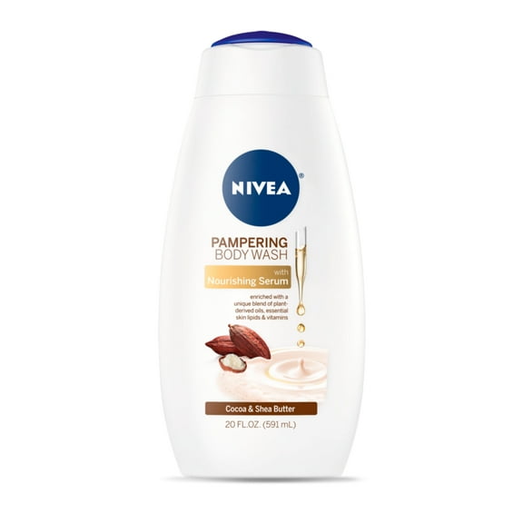NIVEA Pampering Cocoa and Shea Butter Body Wash with Nourishing Serum, 20 fl. oz. Bottle