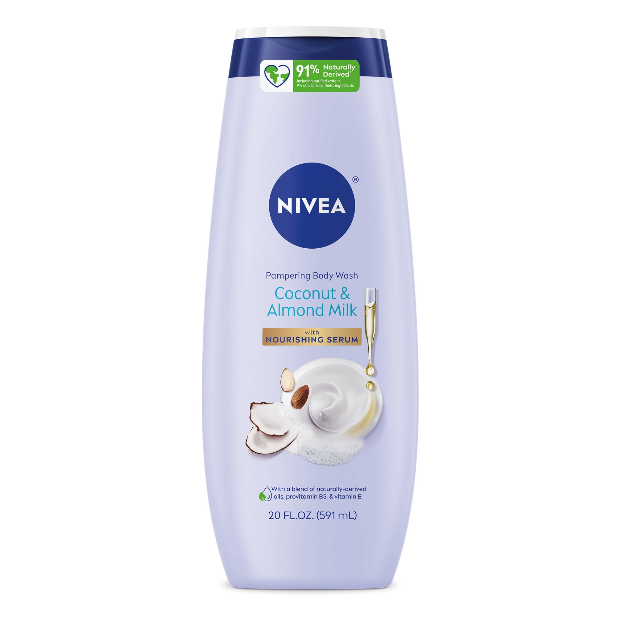 NIVEA Pampering Body Wash for Women, Coconut and Almond Milk, Nourishing Serum, 20 fl oz