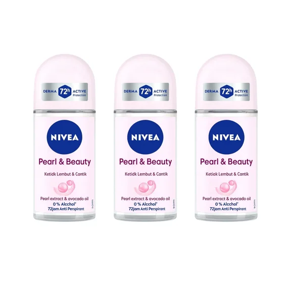 NIVEA Pearl & Beauty Roll On Deodorant 50ML| Long Lasting 72 Hour Odor & Sweat Protection with Pearl Extracts | Alcohol Free Formula for Soft Fresh Skin | Travel Size Roll-On | 3-Pack