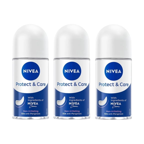 NIVEA Protect & Care Roll-On Deodorant, 72H Protection, 0% Alcohol, Freshness, Gentle Underarm Skin Care, 50ml, Dermatologist Tested, Pack of 3