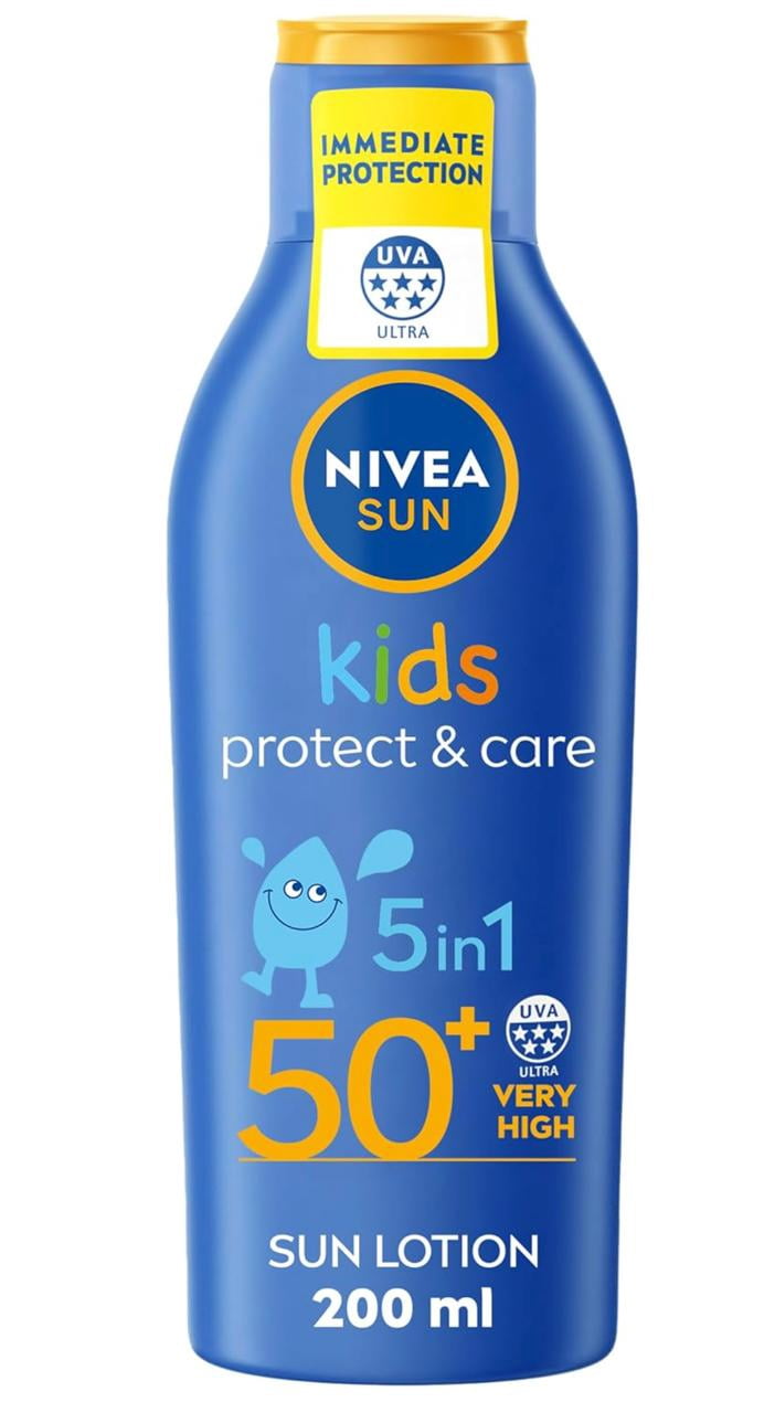 NIVEA SUN Kids Protect & Care SPF 50+ Sun Lotion 200ml | 5-in-1 Skin Protection | UVA/UVB | Extra Water Resistant | New Formula