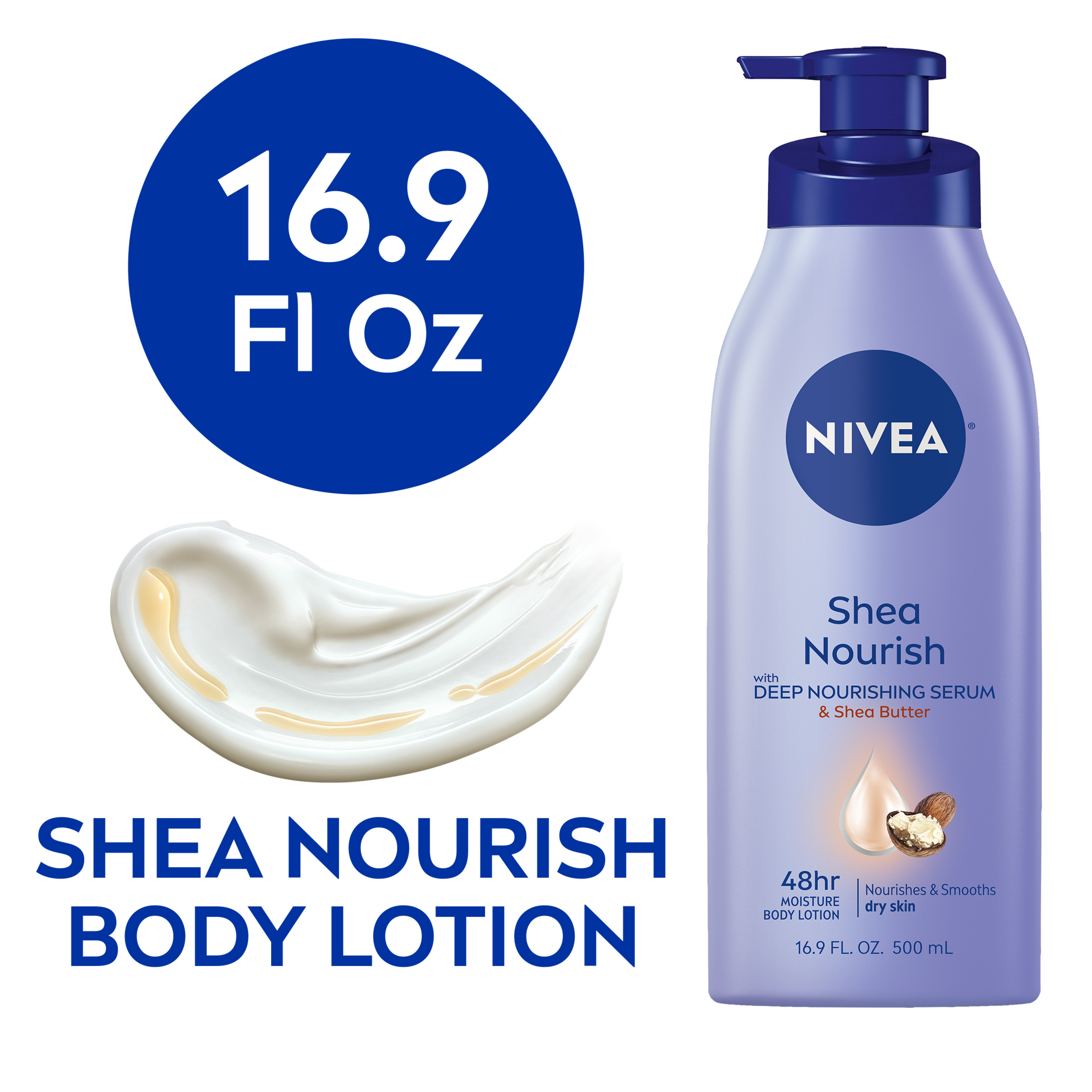 NIVEA Shea Nourish Body Lotion, Dry Skin Lotion with Shea Butter, 16.9 Fl Oz Pump Bottle - image 1 of 12