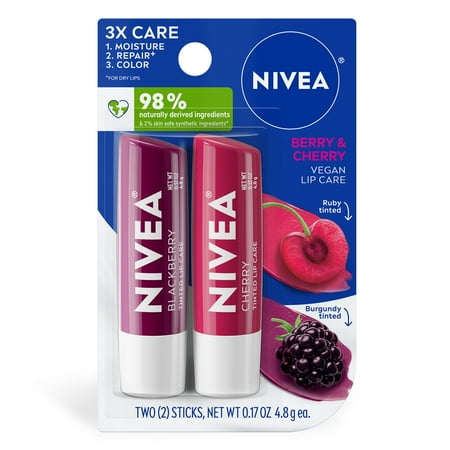 NIVEA Berry and Cherry Lip Care, Tinted Lip Balm Set, 0.17 oz Stick, Pack of 2