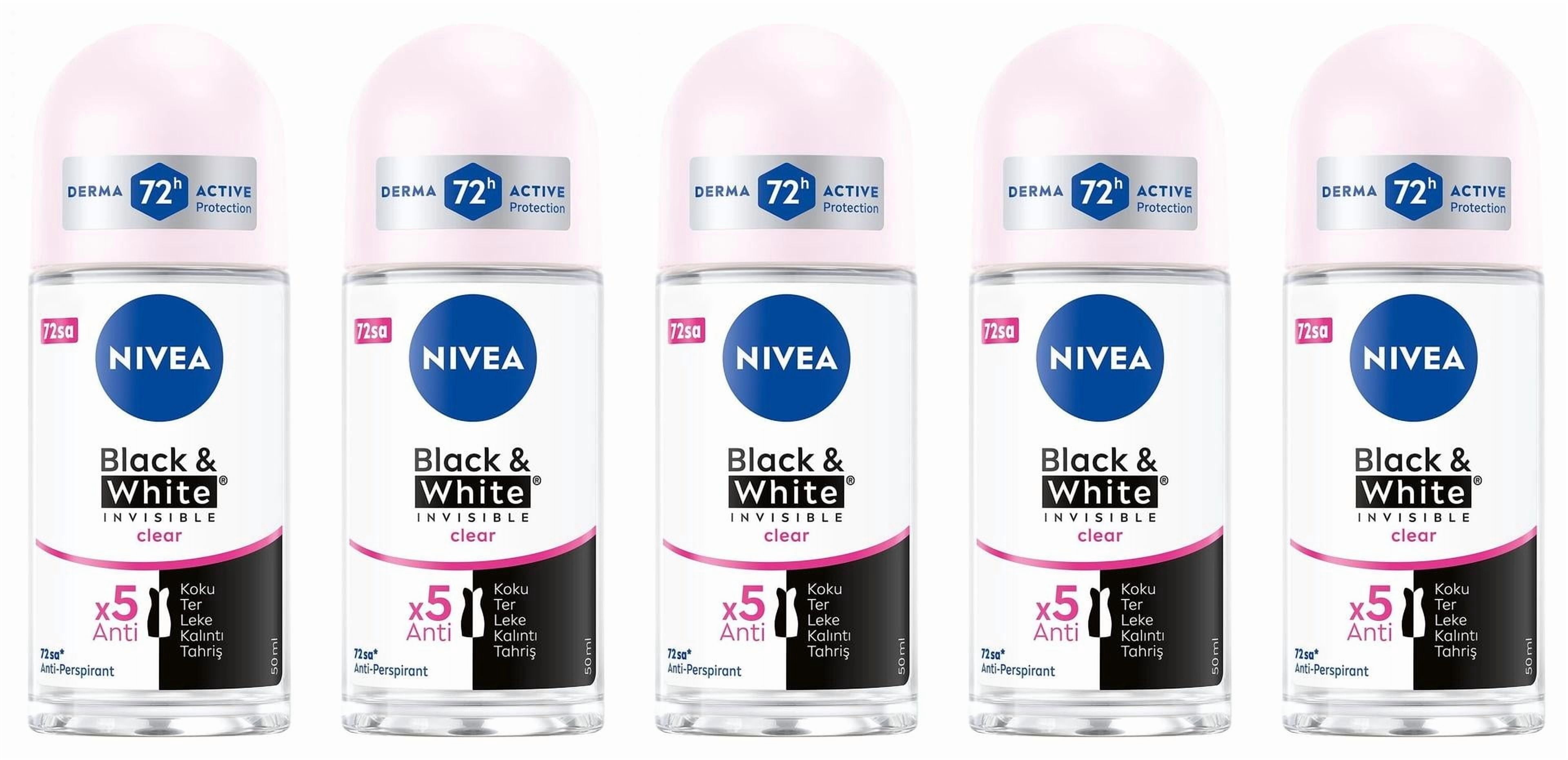 NIVEA Women Invisible Black & White Roll-On Antiperspirant Deodorant, 48-Hour Sweat & Odor Protection, Anti-Stain Formula, 1.7 fl oz Each, Pack of 5