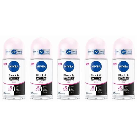 NIVEA Women Invisible Black & White Roll-On Antiperspirant Deodorant, 48-Hour Sweat & Odor Protection, Anti-Stain Formula, 1.7 fl oz Each, Pack of 5