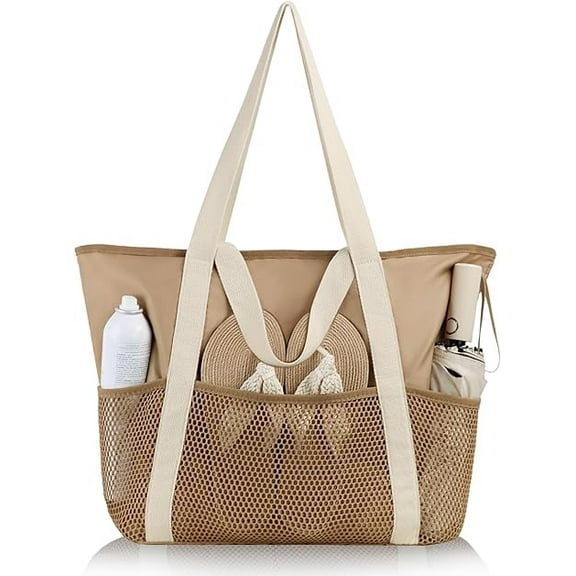 NIVERCE Large Beach Bag for Women – Waterproof Sandproof Foldable Tote with Zipper & Mesh Pockets for Pool, Swim, Travel, Vacation & Everyday Use
