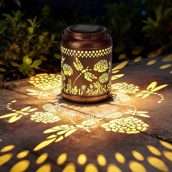 NIWEITA Solar Lanterns Dragonfly Outdoor Hanging Hollowed-Out Metal Decor, Waterproof LED Garden Light for Patio, Yard