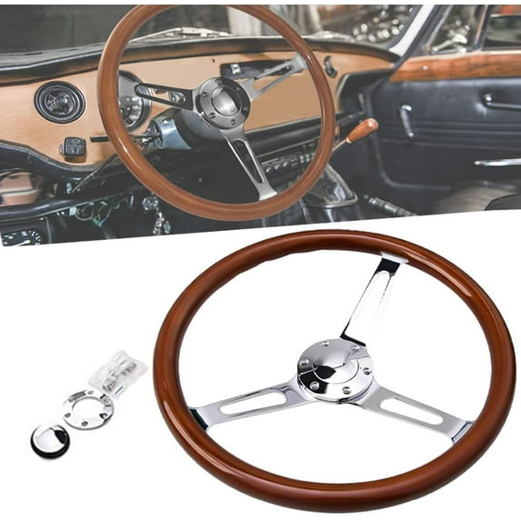 NIXFACE 350mm 14inch Wood Steering Wheel with Horn Kit Fit for Chevy Classic Silver