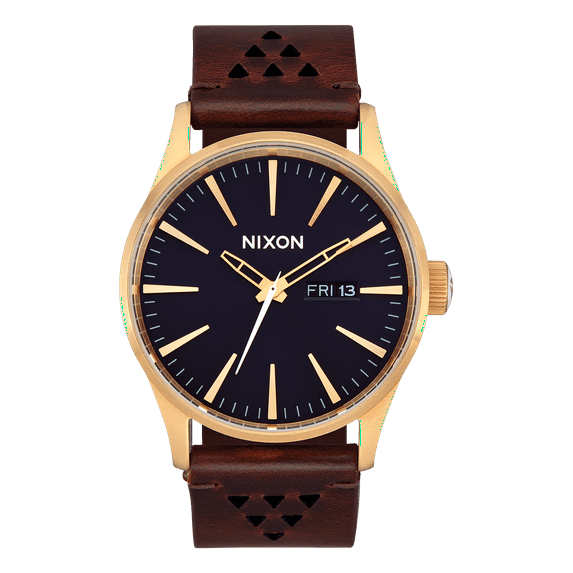 NIXON Sentry Leather A105 - Gold / Indigo / Brown - 100m Water Resistant Men's Analog Classic Watch (42mm Watch Face, 23mm Leather Band)