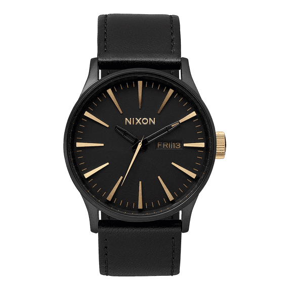 NIXON Sentry Leather A105 - Matte Black / Gold - 100m Water Resistant Men's Analog Classic Watch (42mm Watch Face, 23mm Leather Band)