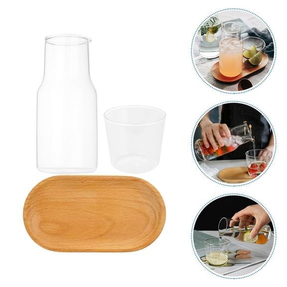 NIYANGLE 1 Set Bedside Carafe With Tray Simple Glass and Wood Design for Home Use