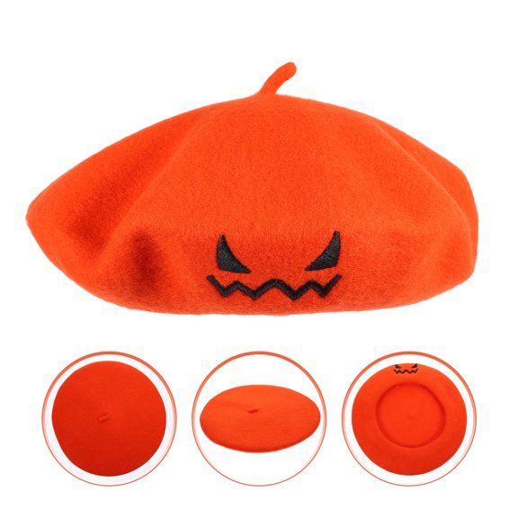 NIYANGLE Orange Party Beret Hat with Pumpkin Pattern, Theme Party Costume Accessory for Decoration
