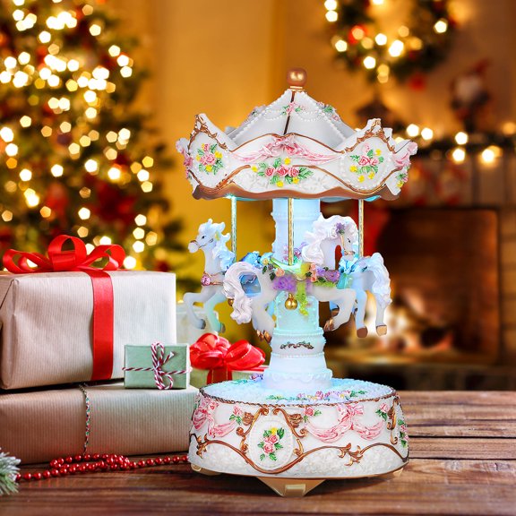 NIYANGLE Rotating Carousel Music Box White with LED Lights and Mechanical Windup for Home Decor and Relaxation