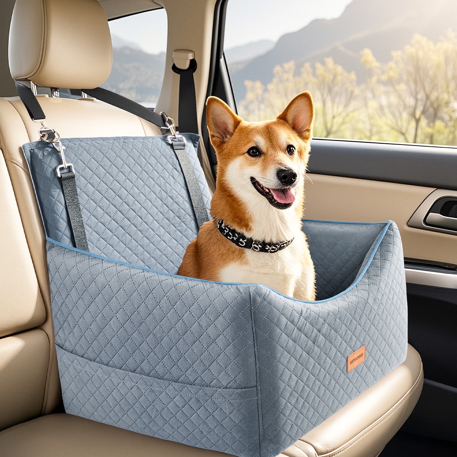 NIYAPAW Elevated Dog Car Seat for Small/Medium Dogs up to 35 lbs,Memory Foam Pet Booster Seat with dog car bed, Safety Pet Seat with Seatbelt Channel，Washable and Detachable (Gray)