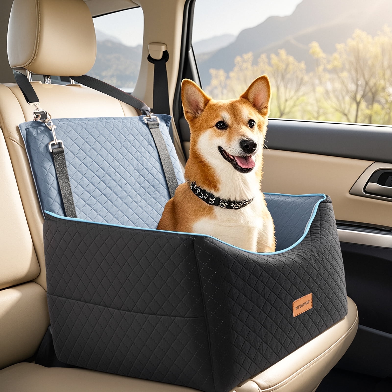NIYAPAW Elevated Dog Car Seat for Small/Medium Dogs up to 35 lbs,Memory Foam Pet Booster Seat with dog car bed, Safety Pet Seat with Seatbelt Channel，Washable and Detachable (Black&Gray)