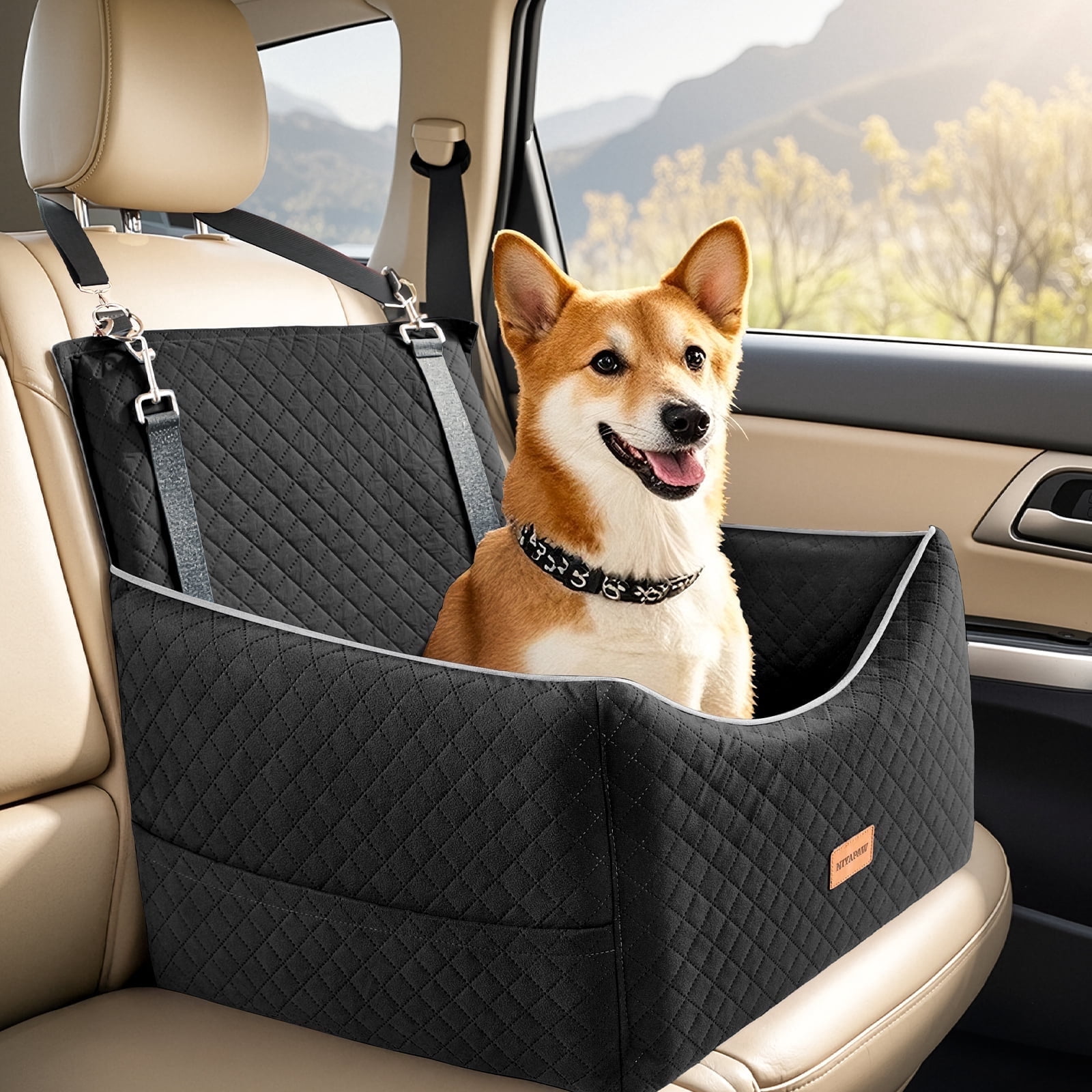NIYAPAW Elevated Dog Car Seat for Small/Medium Dogs up to 35 lbs,Memory Foam Pet Booster Seat with dog car bed, Safety Pet Seat with Seatbelt Channel，Washable and Detachable (Black)