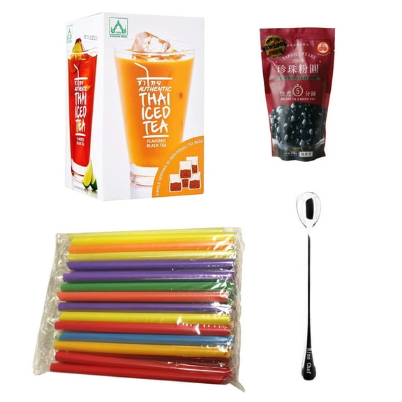 NIneChef Bundle - Wangderm Brand Authentic Thai Iced Tea Black Tea Flavored 23 Individual Bags 2.8 OZ plus Wufuyuan Tapioca Pearl Black 8.8 Oz Plus 20 bubble Straw Plus one NineChef Spoon