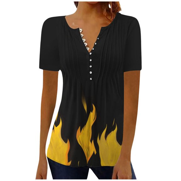 NJGRAE Backless Tops for Women Plus Size Women Blouses Women Summer D Printing Button Cardigan Short Sleeve Shirt V Neck Casual Fitted Tunic Clothes Tops Women’S V Neck Tees Xxl