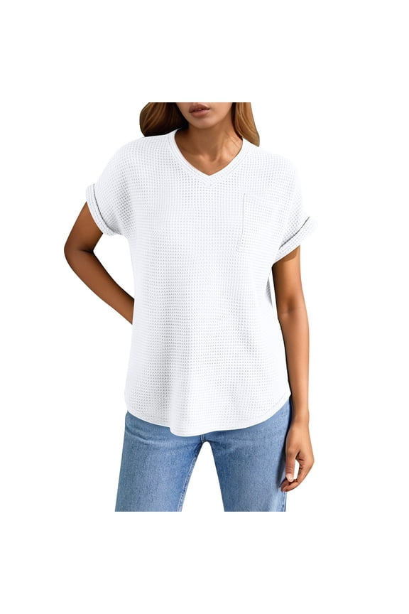 Cap Sleeve Tops for Women Thermal Lined Winter T-Shirts Women's Solid Color V Neck Short Sleeve Knit Shirt with Pocket Stylish Summer Top Women’S Crochet Detail Tops S