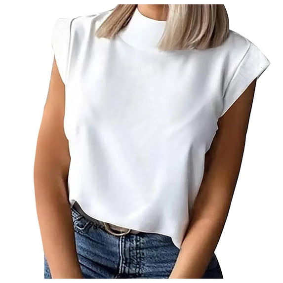 NJGRAE Cap Sleeve Tops for Women Petite V Neck T-Shirt Loose Casual Round Neck Solid Color Short Sleeved T Shirt for Women Women’S Solid Color Tees M