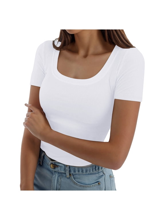 Casual Tops for Women Double Lined Tops for Women Womens Summer Short Sleeve Tops Square Neck Ribbed Slim Fitted Shirts Casual Tee Tshirt Plus Size Activewear Tops Xl
