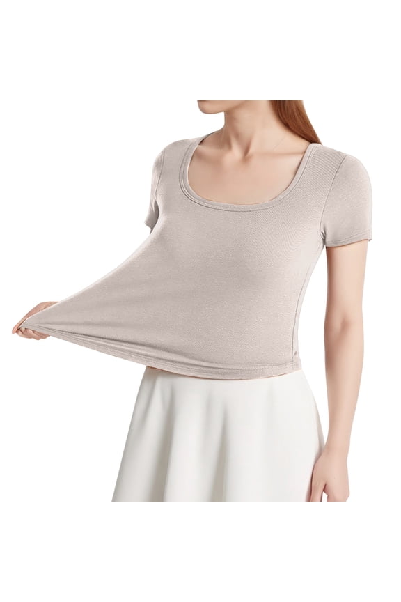 Cotton Tops for Women Petite V Neck T-Shirt Ladies' Short Sleeved T Shirt with Chest Pad with Irregular Arc Hem and Bra Bottoming Shirt with Square Collar Top. Women’S Slub Knit T-Shirts Xl