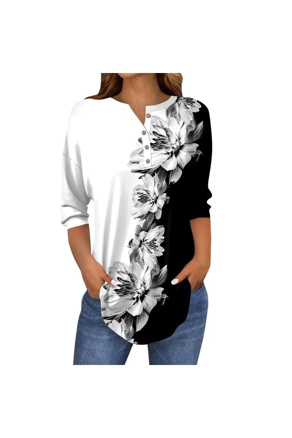 Crochet Tops for Women Women’S Slub Knit T-Shirts Women's 3/4 Sleeved Collar Button up Shirt Floral Shirt Summer Top Plus Size V Neck T-Shirts Xl