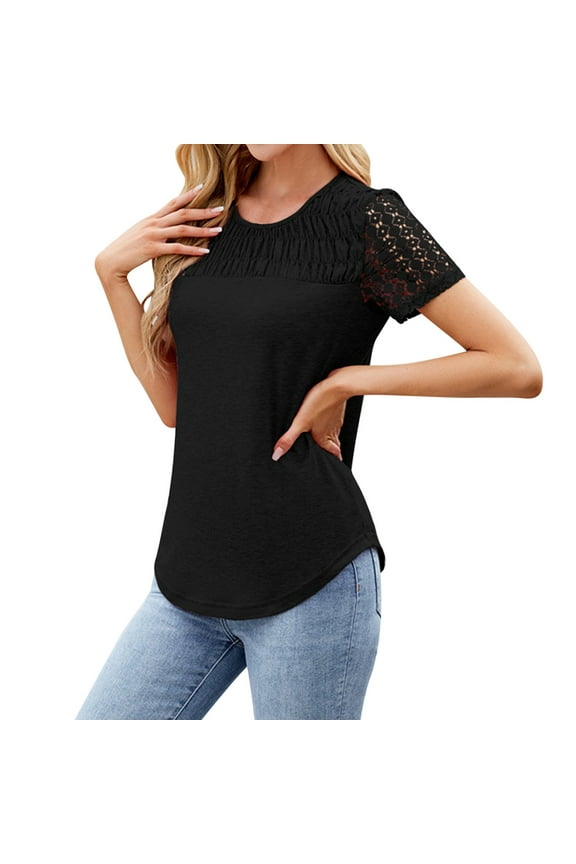 Flowy Tops for Women Cropped Tunic Length T-Shirts Short Sleeve Fitted Lace Panel Round Neck T Shirt for Women and Stylish Casual Top Independence Day Star Tee Xl