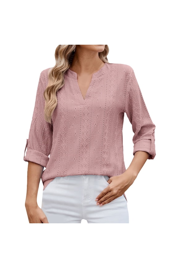 Flowy Tops for Women Thermal Lined Winter T-Shirts Blouses for Women Dressy Casual V Neck Roll up Sleeve Shirts Going Out Mid Sleeve T Shirt Pullover Top Women’S Loose Fit T-Shirts M