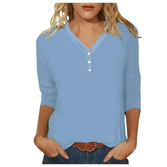 NJGRAE Flowy Tops for Women Women’S Square Neck T-Shirts Women Suitable Tops V Neck Button Three Quarter Sleeve Comfortable Floral Print Blouse T Shirts Cold Shoulder Vacation Tee S