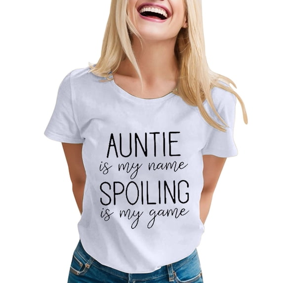 NJGRAE Fringe Tops for Women Plus Size Tunic T-Shirts Is My Name Spoiling Is My Game Shirt for Women Funny Letter Print Tee Aunt Casual Short Sleeve T Shirt Ladies Cotton Tees L