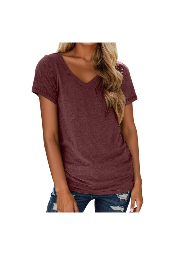 Linen Tops for Women Seamless Workout T-Shirts Short Sleeved V Neck Ladies T Shirt in Spring and Summer Womens Tee Shirts L