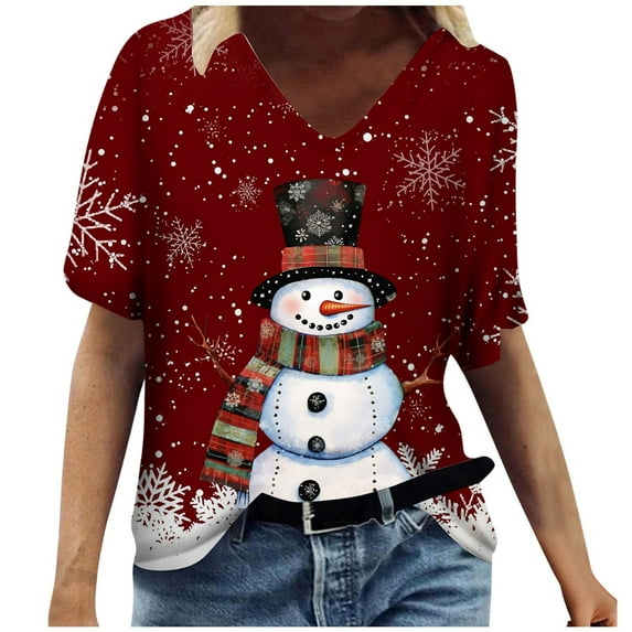 NJGRAE Sleeveless Tops for Women Plus Size Crew Neck Blouse Ladies Casual Fashion Christmas Theme Snowflake Snowman Print V Neck Short Sleeved T Shirt Top Womens T Shirt Xxl