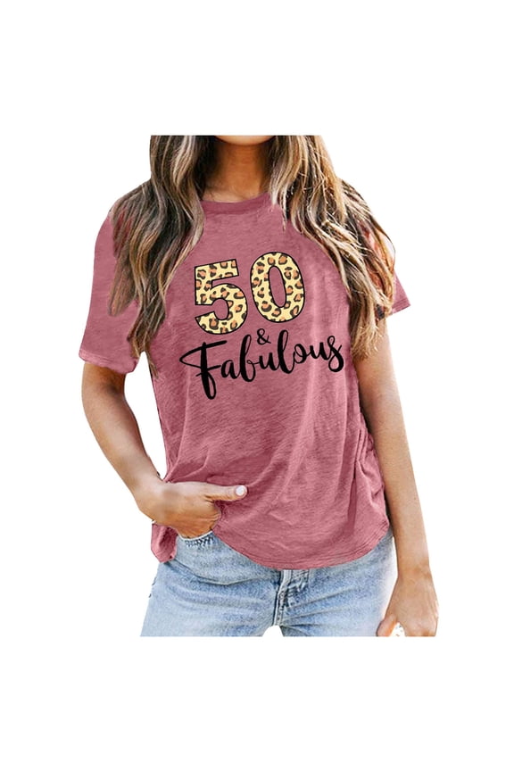 Tops for Women Blouses for Women Dressy Casual 50Th Birthday for Women Fifty Birthday Shirts 50 Years Birthday Party Short Sleeve Graphic T Shirt Ladies Cotton Tees L