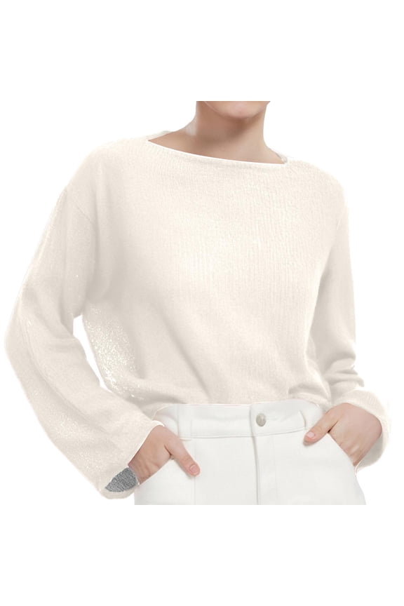 Tops for Women Trendy Women’S Puff Sleeve Tees Spring and Summer Female Thin Large Round Neck Trumpet Sleeve Knitted T Shirt Women’S Solid Color Tees S