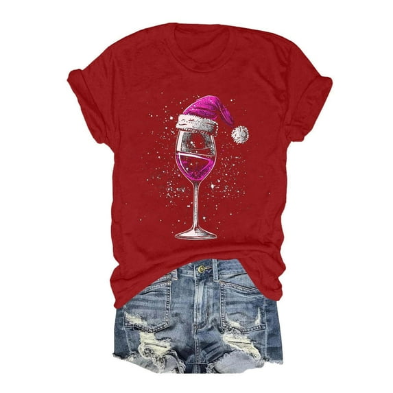 NJGRAE Trendy Tops for Women 2025 Women’S Square Neck T-Shirts 2026 Purple Glass Christmas Hat Print Women’S Round Neck Short Sleeve T Shirt Plus Size V Neck T-Shirts Xxl