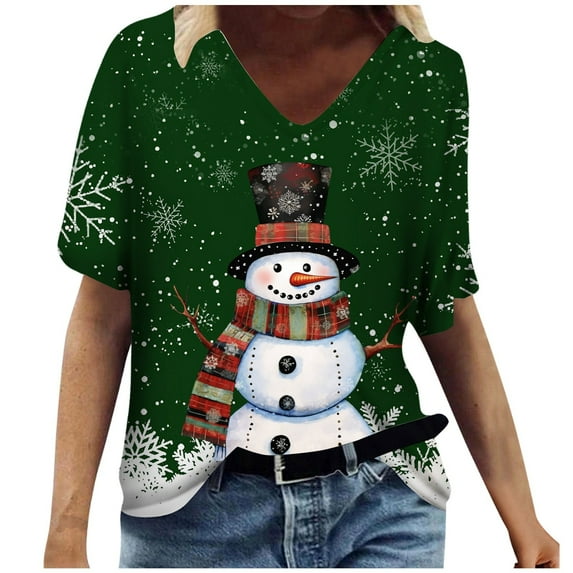 NJGRAE Tube Tops for Women Plus Size Crew Neck Blouse Ladies Casual Fashion Christmas Theme Snowflake Snowman Print V Neck Short Sleeved T Shirt Top T Shirts for Women Xl