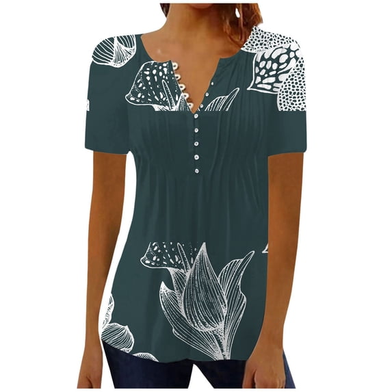 NJGRAE Vest Tops for Women Lace Tops for Women Women Summer Printing Button Cardigan Short Sleeve Shirt V Neck Casual Fitted Tunic Clothes Tops Cropped Tunic Length T-Shirts S