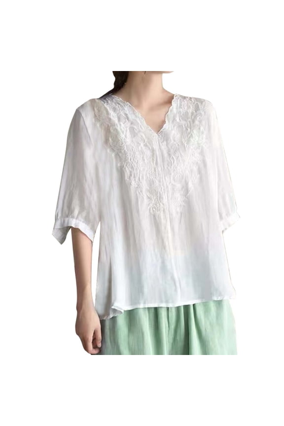 Women's Summer Tops Petite Women Solid Color T-Shirts Embroidered Loose Fit V Neck 3/4 Sleeve Shirt for Women Casual Pullover Blouse Lightweight Travel T-Shirts L
