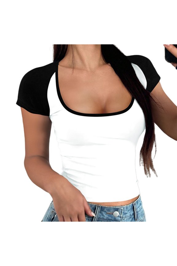 Women's Tops Boho Tops for Women Spring and Summer Body Hugging U Neck Short Sleeve Women's T Shirt Women's T-Shirt Xl