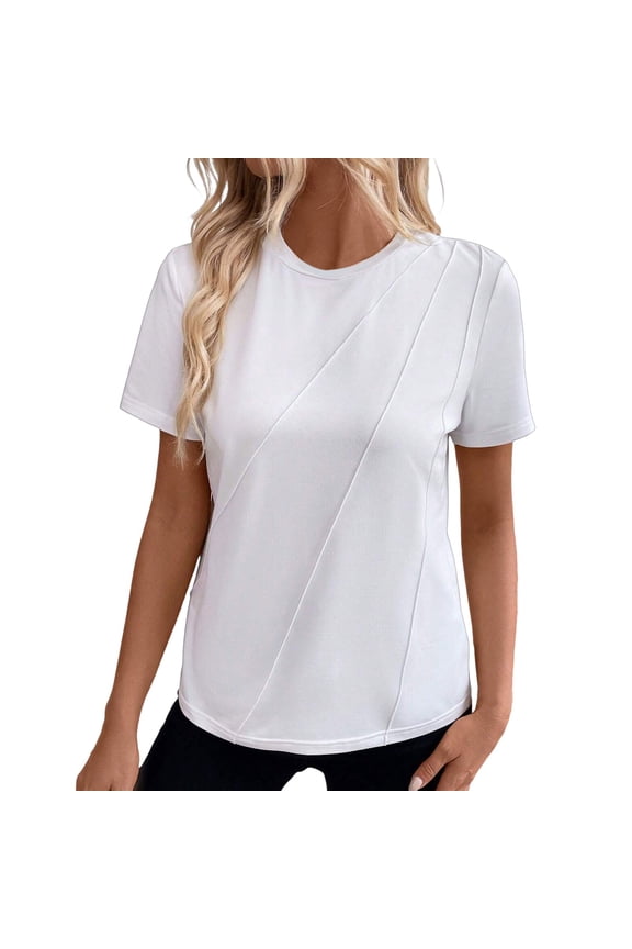 Womens Business Casual Tops Women’S Slub Knit T-Shirts Womens Casual Fashion Solid Color Crew Neck Short Sleeve Pullover T Shirt Women’S Boat Neck T-Shirts L