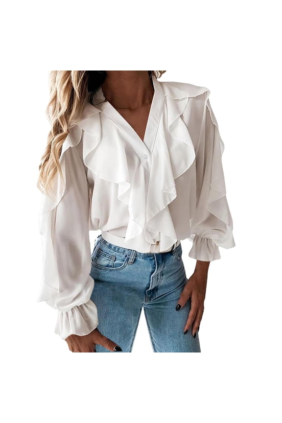 Womens Casual Tops Cropped Casual Summer Top Solid Color Ruffles V Neck Blouse Puff Sleeve Shirts for Women Womens Basic Tshirts Xxxl